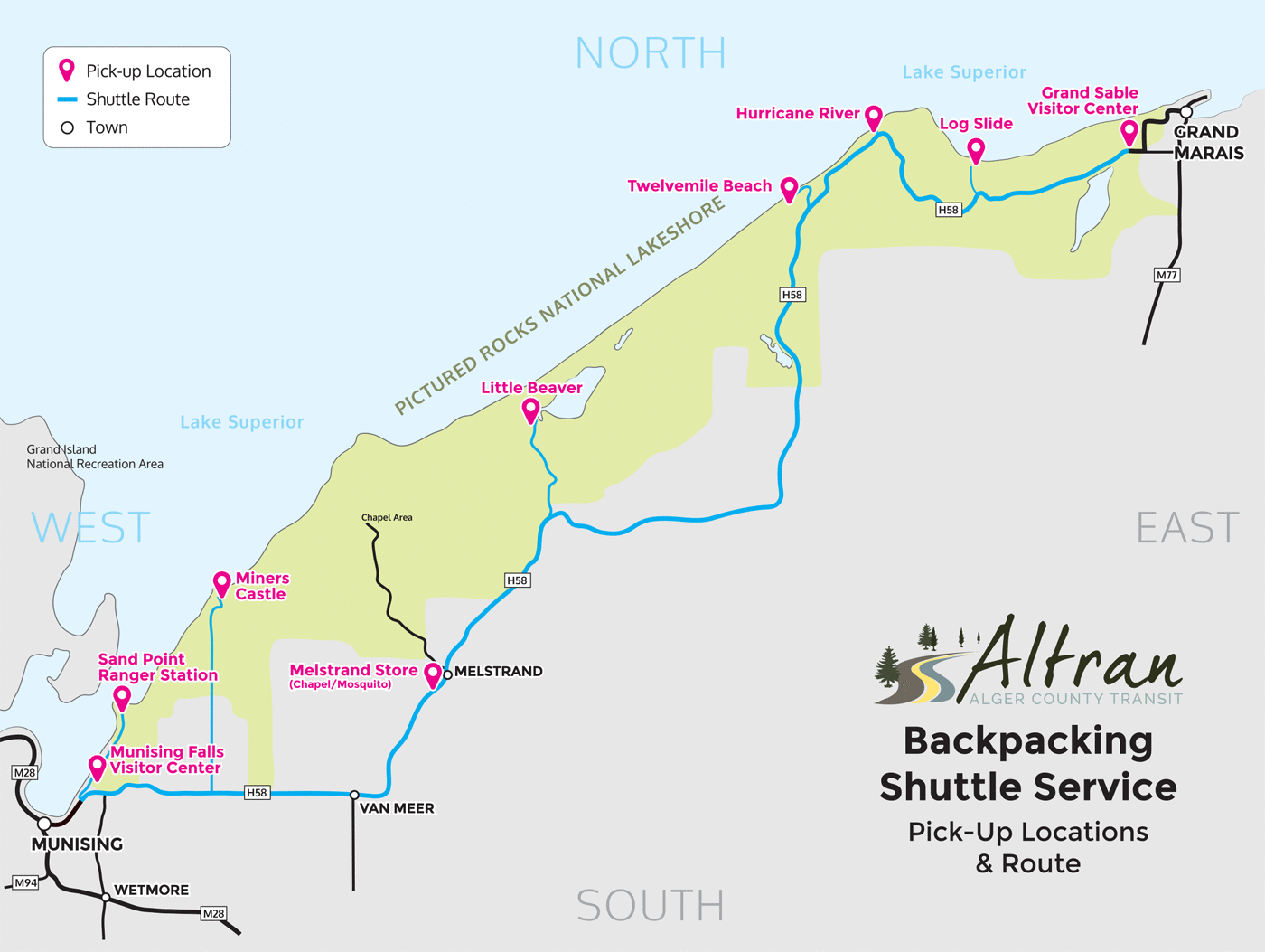 Pictured Rocks shuttle service map